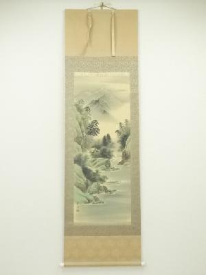 昴葉筆　彩色山水　肉筆絹本掛軸